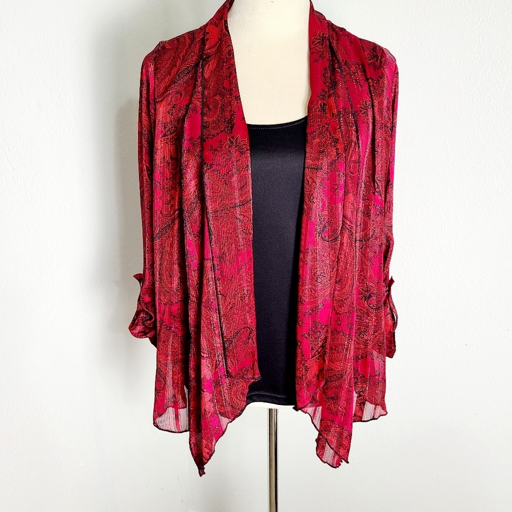 Sara Michelle Red & Black Paisley Open Waterfall Layered Blouse, Size Small